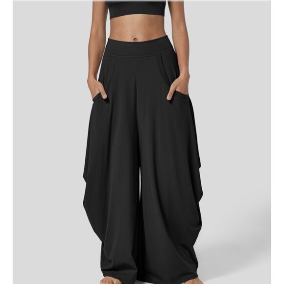 Halara Mid Rise Multiple Pockets Draped Wide Leg Pants Sz Large Womens Black Cas - Picture 1 of 7